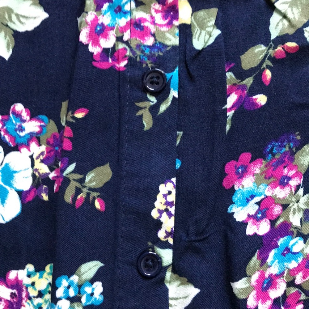 Woman Within Adjustable Cold shoulder Floral Navy blue blouse top button front - Picture 7 of 11